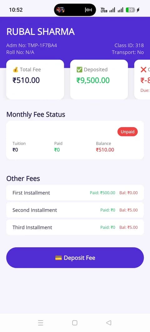 eSchool app screenshot — Fee Details